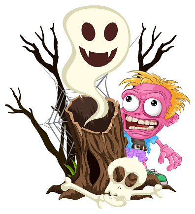 A vector cartoon illustration of a furious zombie surrounded by a skull and spider web in a forest