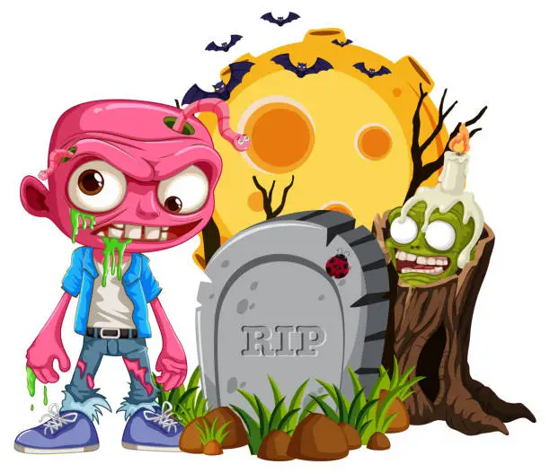 Vector illustration of Mad Zombie Standing Next to Tombstone