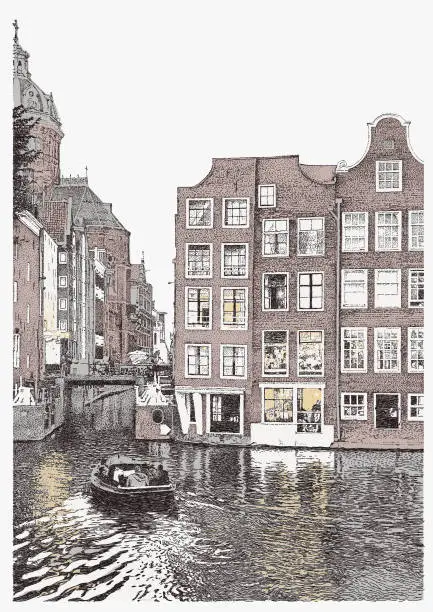 Vector illustration of Amsterdam Holland. Boat Scene