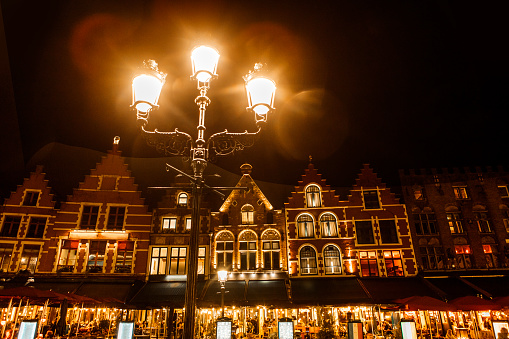 Night view of Bruges buildings