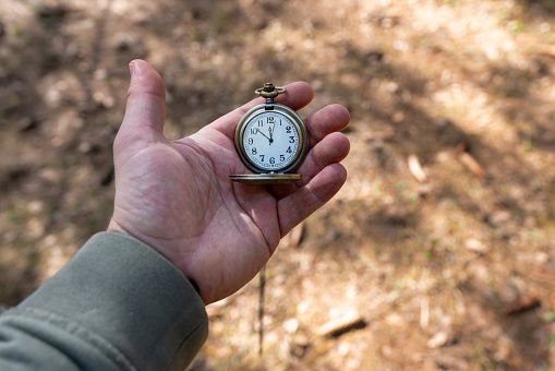 Vintage pocket watch on the male palm of hand