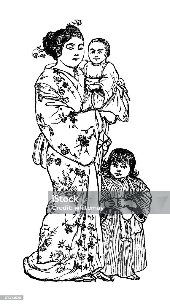 Japonais mère avec deux enfants-Victorian Objet gravé - Illustration de Kimono libre de droits