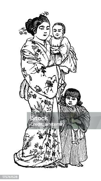 Japonais Mère Avec Deux Enfantsvictorian Objet Gravé Vecteurs libres de droits et plus d'images vectorielles de Kimono