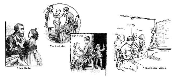 victorian unterricht für gehörlose kinder - english culture talking men listening stock-grafiken, -clipart, -cartoons und -symbole