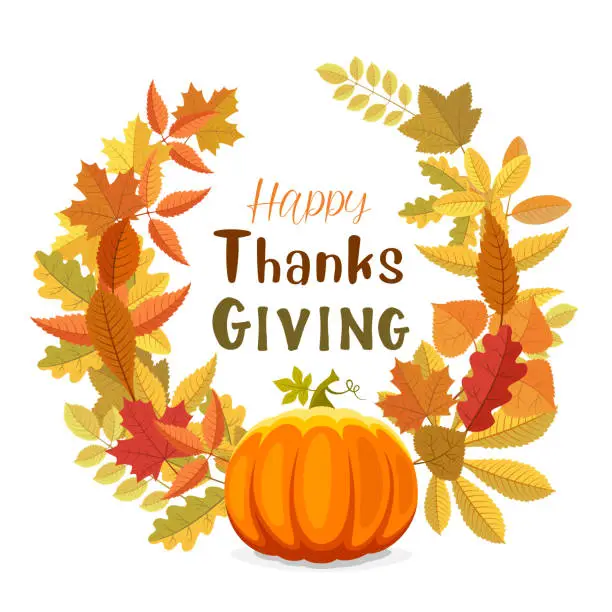 Vector illustration of Happy Thanksgiving card with autumn leaves.