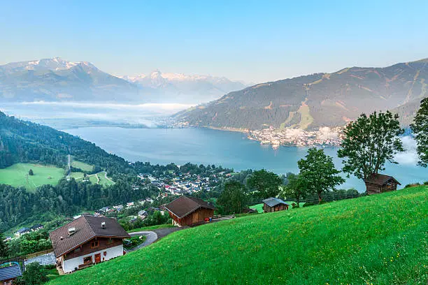 Austrian resort of Zell am See, Salzburgerland and its lake, in dawn light. AdobeRGB colorspace.