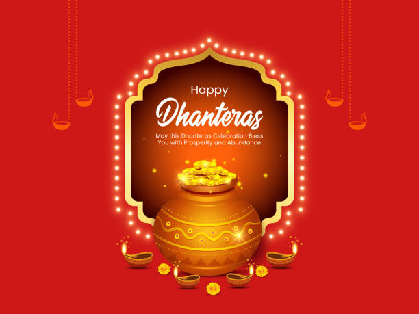Illustration of Indian religious festival Happy Dhanteras/ Diwali celebration. Illustration of Gold coin in pot for Dhanteras Celebration on Happy Diwali festival of India vector background. goddess lakshmi images stock illustrations