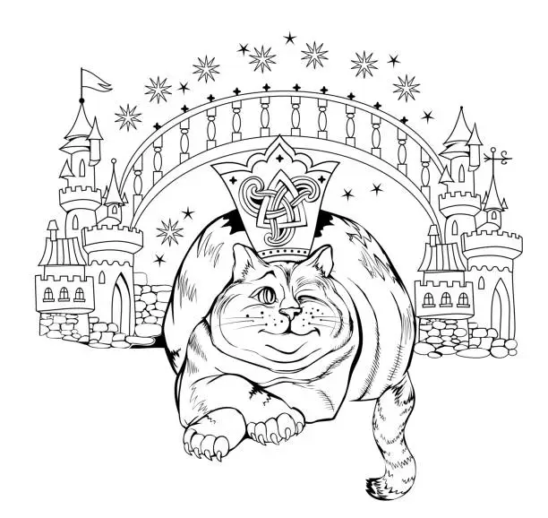 Vector illustration of Black and white page coloring book. Fantasy illustration of wonderland cat and his kingdom. Print for fabric and kids fairy tale. Worksheet for drawing and meditation for children and adults.