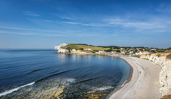 Looking across the beach at Freshwater Bay on the Isle of White in England