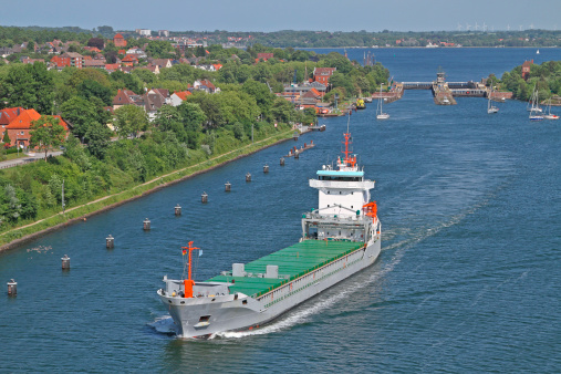 freighter on Kiel Canal near the sluice of Kiel Holtenau