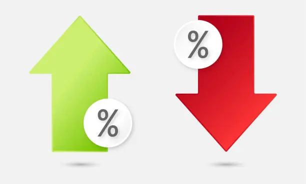 Vector illustration of percentage arrow symbol up down, percent arrow icon increase decrease vector illustration, concept of percentage calculation gain loss growth reduction