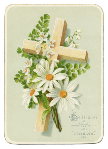 A bright Victorian Easter greetings card with a wooden cross, lilies of the valley and daisies. A note on the reverse indicates that it was sent in 1885.