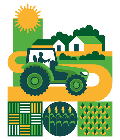 Sustainable Agriculture innovations and Land Use Management. Conservation initiatives of land use - decoration of report with fields and tractor
