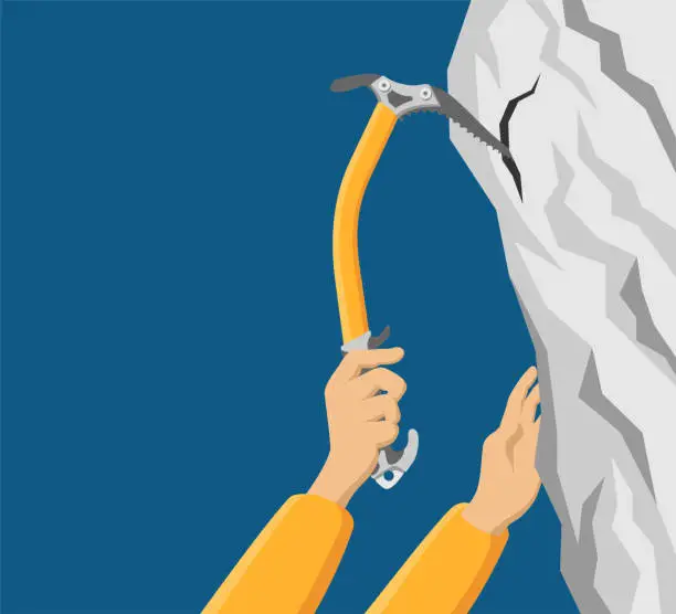 Vector illustration of Climbing the rock with ice axe in hand