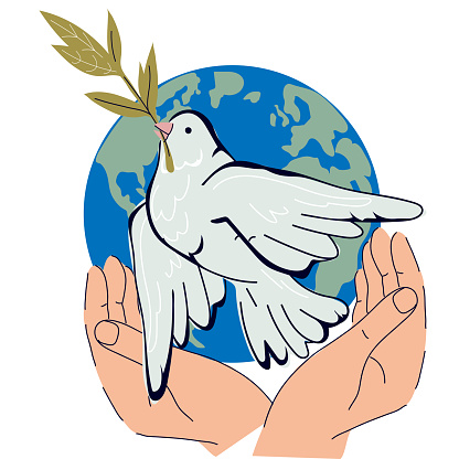 Peace sign banner design with dove with olive branch symbol. Peace and no war concept, flat vector illustration isolated on white background.