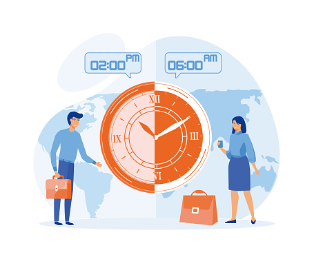 World time zones. International time and date. Big clock showing local time. Tiny business people worldwide. flat vector modern illustration