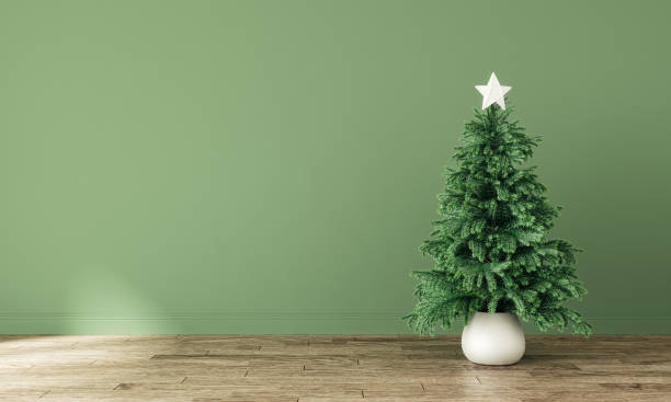istock Interior with Christmas fir tree and empty green mockup wall background. 1757728202