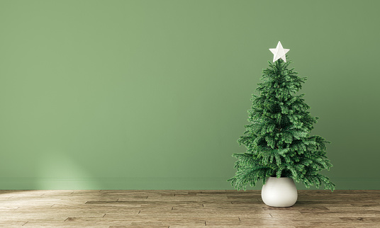 Interior with Christmas fir tree and empty green mockup wall background. 3D Rendering, 3D Illustration