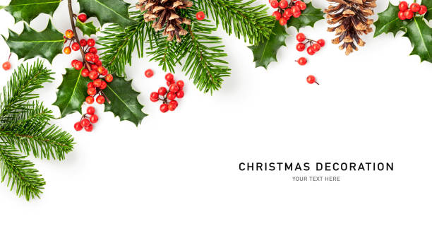 Holly, fir and cone christmas decoration frame isolated on white background