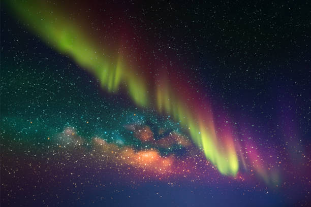 Milky Way and polar lights. Night starry sky. Purple aurora borealis aurora borealis orange stock illustrations