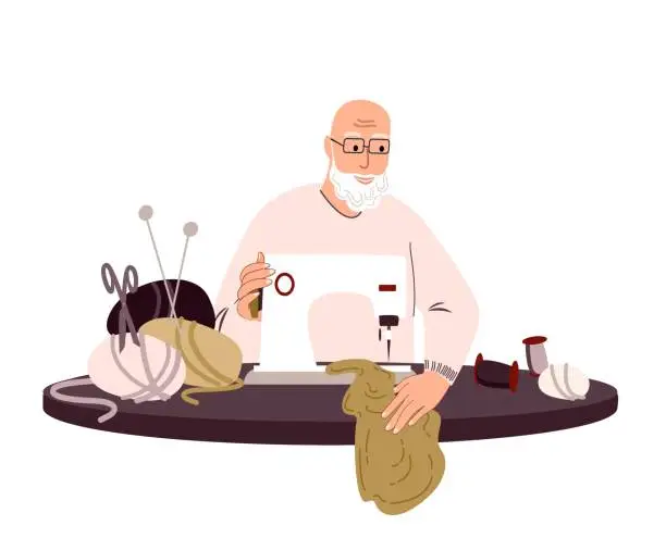 Vector illustration of Tailor Seamstress Old Man Sewing and Creating Clothes on Sewing Machine.Retired Designer Atelier Handiwork.Fabrics Textile Dressmaker Tailoring.Man and Hobby.Stylist Sewing in Workshop.Flat Vector
