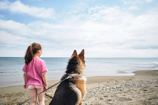 A girl in a pink T-shirt and a dog look into the distance at the sea.