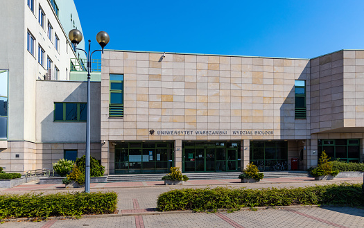 Warsaw, Poland - July 25, 2021: Biology Department building within Warsaw University academic campus at Pasteura and Zwirki i Wigury street in Mokotow district of Warsaw