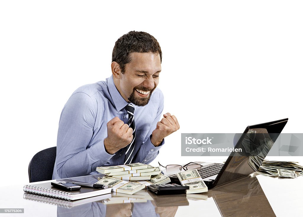 businessman excited while working with laptop Young man in shirt and tie with joy at the good news - isolated on white background Achievement Stock Photo