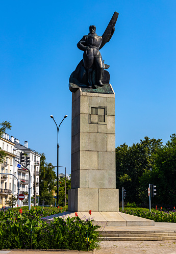 Warsaw, Poland - July 25, 2021: Aviator Monument Pomnik Lotnika by Edward Wittig made public in 1932 at Wawelska and Zwirki i Wigury street in Mokotow district of Warsaw