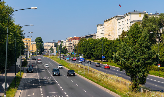 Warsaw, Poland - July 25, 2021: Ochota district panorama with Wawelska street and Climate and Environment Ministry Ministerstwo Klimatu i Srodowiska in Warsaw