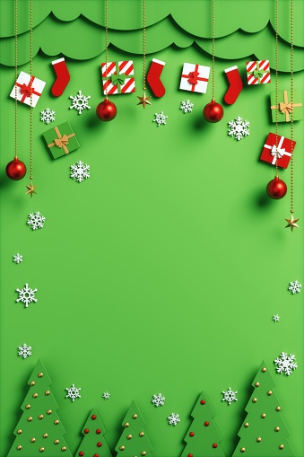 Green christmas background with christmas ornaments and pines
