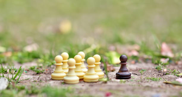 symbol wykluczający kogoś, kto jest inny. grupa białych szachowych figueres jest oddzielona od jednej czarnej figury. - imbalance chess fighting conflict zdjęcia i obrazy z banku zdjęć