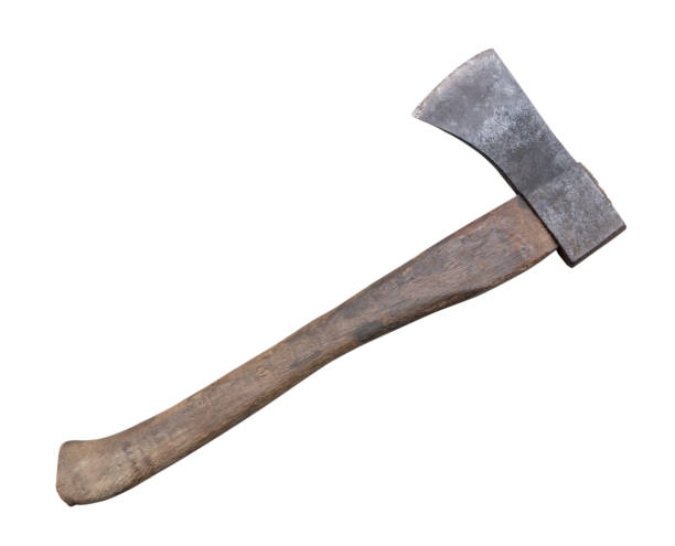 istock Old rust dirty dark gray axe with brown wooden handle isolated on white background with clipping path 1757775341