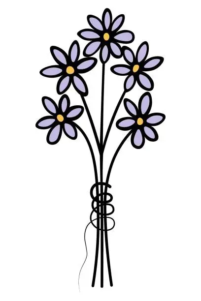 Vector illustration of Bouquet of purple flowers. The flowers are tied with thread. Cartoon style. Flowering plants.