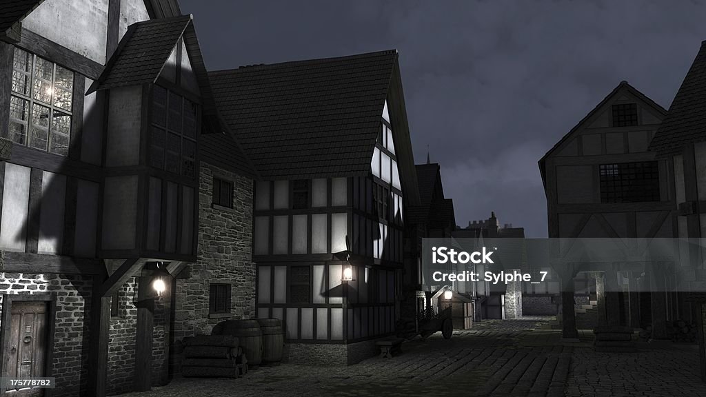 Mediaeval Town Street at Night Street Scene at night set in a European town during the Middle Ages or Medieval period with half-timbered houses and market hall, 3d digitally rendered illustration Dark Stock Photo