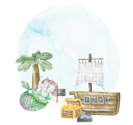 Underwater life with mermaids, palm, wooden ship, golden treasure. Oceania, deepwater. Childish watercolor card