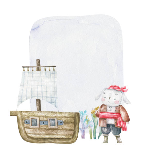 Watercolor illustration with ship, rabbit pirate and algue. Card template for childish celebration, baby shower, greeting card, Watercolor illustration with ship, rabbit pirate and algue. Card template for childish celebration, baby shower, greeting card, algue stock illustrations