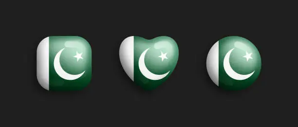 Vector illustration of Pakistan Official National Flag 3D Vector Glossy Icons Isolated On Background