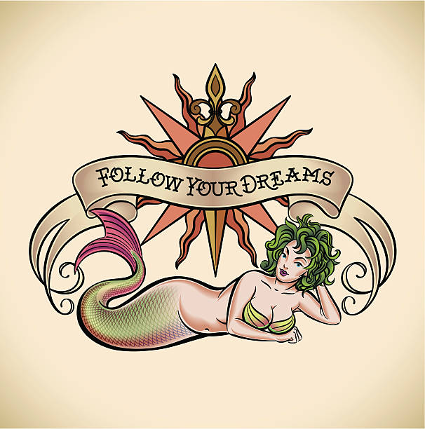 Green hair mermaid - Follow Your Dreams Old-school styled tattoo design of a green hair mermaid on the background of a rose of winds and a banner. Editable vector illustration. black pin up girl tattoos stock illustrations