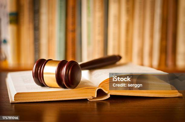 Open Law Book With A Judges Gavel Stock Photo - Download Image Now - Analyzing, Chrome, Concepts
