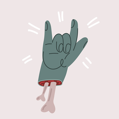 Cartoon vector illustration of Zombie hand showing horns sign. Dead hand rock gesture