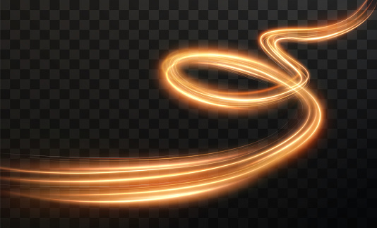 Light gold Twirl. Curve light effect of neon line. Luminous gold spiral . Element for your design, advertising, postcards, invitations, screensavers, websites, games.