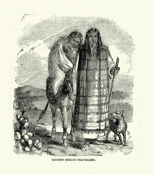 illustrazioni stock, clip art, cartoni animati e icone di tendenza di coppia di nativi americani del kumeyaay, iipai-tiipai o diegueño, vittoriano, 1850 19 ° secolo - kumeyaay