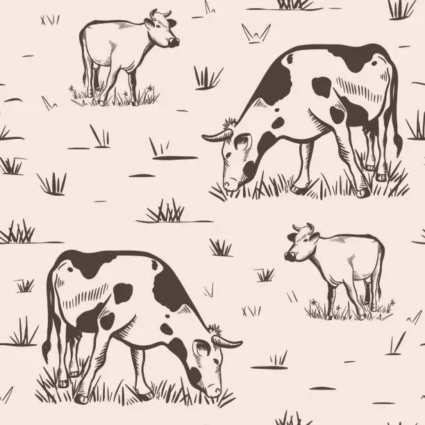 Vector illustration of Cows grazing on meadow ink sketch seamless pattern