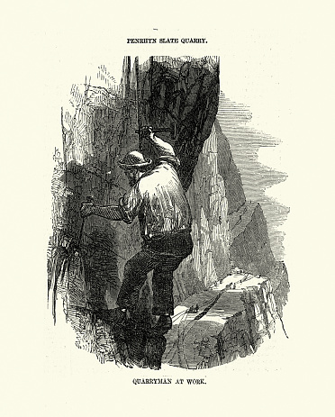 Vintage illustration of Quarryman at work in Penrhyn slate quarry, North Wales, Victorian, 1850s 19th Century