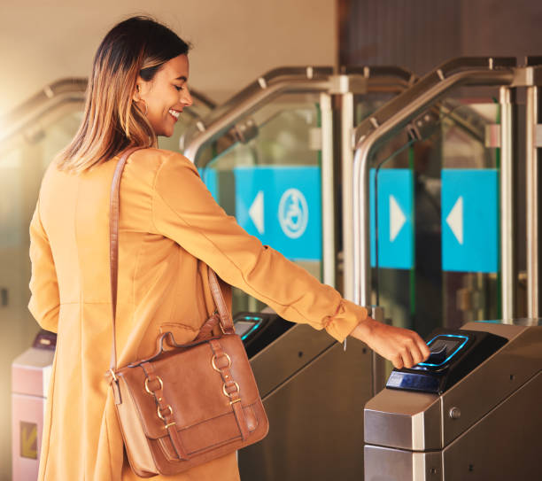 istock Access control, happy business woman and card for security with safety software for identification to building. Scanner, lock and secure door with scan of key to open gate to property with technology 1757829319