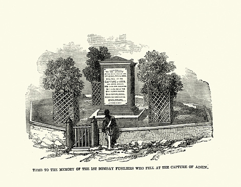 Vintage illustration of War memorial of the 1st Bombay Fusiliers (103rd Regiment of Foot) who fell at the capture of Aden, Victorian, 1850s 19th Century