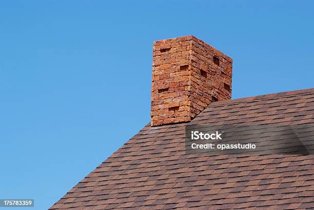 Close Up Brick Chimney On The Roof Stock Photo - Download Image Now - Air Pollution, Blue, Brick