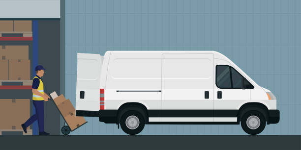 Man loading packages into the van Man pushing a hand truck and loading packages into a van at the warehouse, courier and express delivery concept, copy space mini van stock illustrations