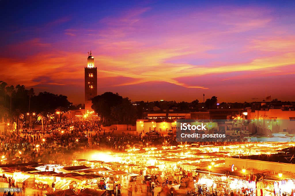 A scenic skyline view at sunset in Marrakesh The Djemaa el Fna square in Marrakesh Sunset Stock Photo